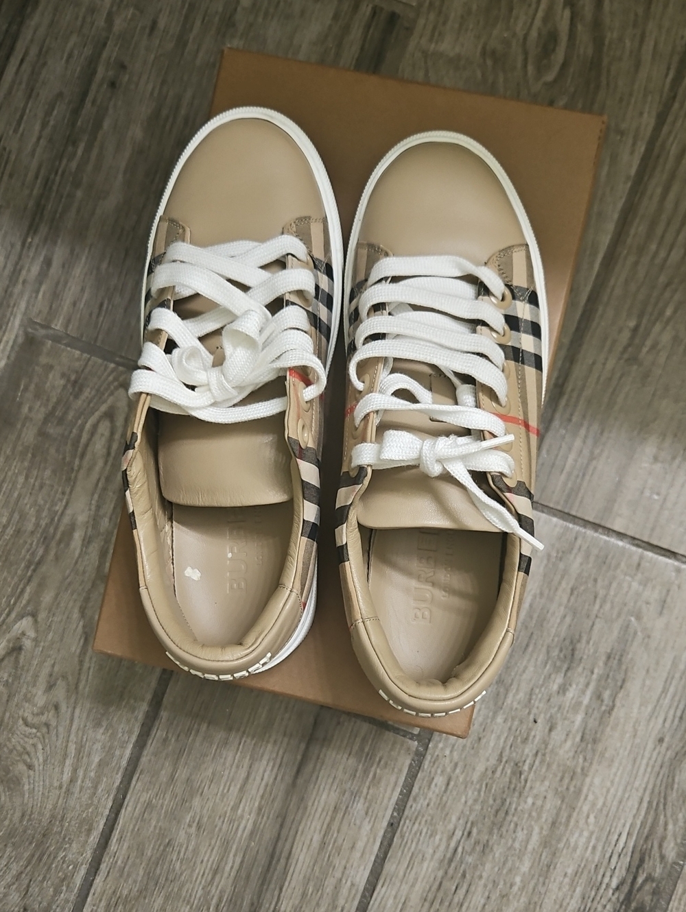 Burberry Beige and White Kids Sneakers with Check Detail